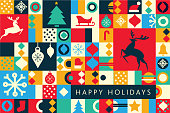 Happy Holidays Greeting card flat design template with jumping deer geometric shapes and simple icons