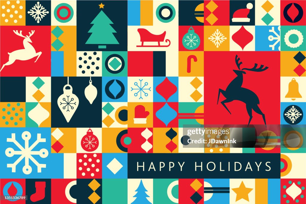 Happy Holidays Greeting card flat design template with jumping deer geometric shapes and simple icons
