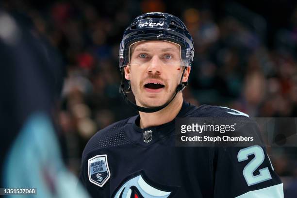 Jamie Oleksiak of the Seattle Kraken in action against the Buffalo Sabres on November 04, 2021 at Climate Pledge Arena in Seattle, Washington.