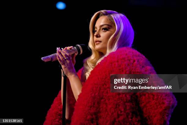 Bebe Rexha performs onstage at the amfAR Gala Los Angeles 2021 honoring TikTok and Jeremy Scott at Pacific Design Center on November 04, 2021 in West...