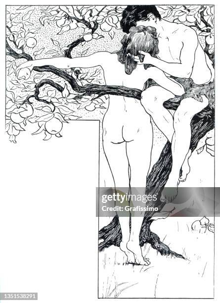 ilustrações de stock, clip art, desenhos animados e ícones de woman standing kissing man in tree drawing art nouveau 1898 - adão e eva