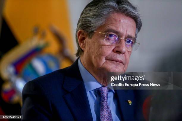 President of Ecuador, Guillermo Lasso, looks on during an interview for Europa Press, at the Ritz Hotel, on November 5 in Madrid, Spain. The...
