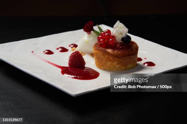close-up of dessert in plate on table,route de revel,durfort,france - fraicheur stock pictures, royalty-free photos & images