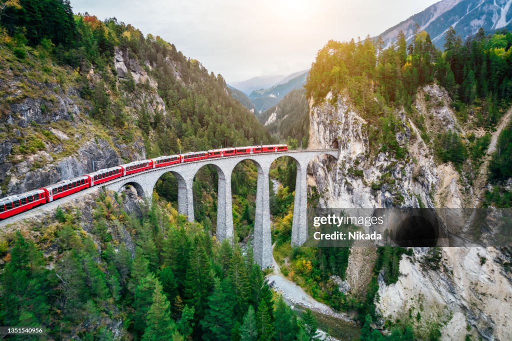 Train crossing bridge, Switzerland