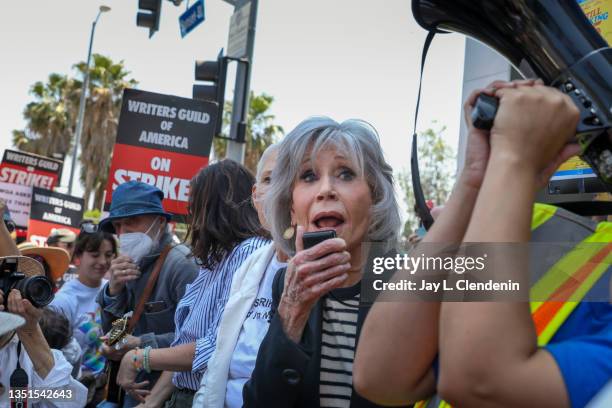 Hollywood, CA Actress and activist Jane Fonda speaks during a "Striking 9 to 5" picket line in front of Netflix headquarters, in Hollywood, CA,...