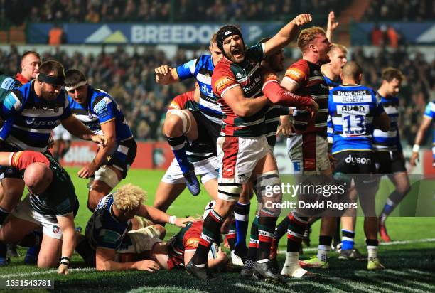 Harry Wells of Leicester Tigers celebrates after team mate Nic Dolly scores the first try during the Gallagher Premiership Rugby match between...