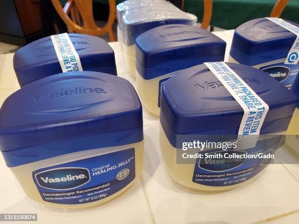 Several containers of Vaseline are visible on a countertop, Lafayette, California, October 28, 2021.