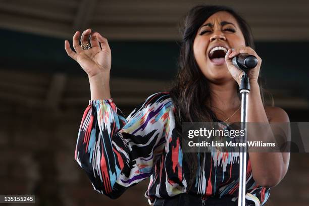 Jessica Mauboy performs at Central Station prior to the departure of the Great Southern Railway's Indian Pacific on December 7, 2011 in Sydney,...