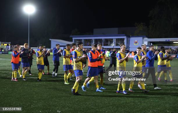 Sodbury captain Lewis O' Malley and his players applaud the fans after the Emirates FA Cup First Round match between AFC Sudbury and Colchester...