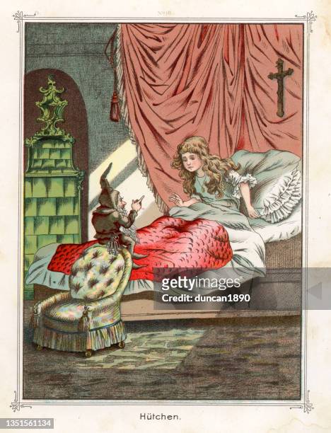 hodekin, kobold, talking to a girl in bed, german folklore, victorian 19th century - victorian house stock illustrations
