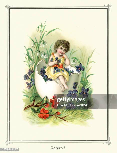 cute child sating in broken egg shell with flowers, happy easter, german, victorian 19th century - painted easter eggs stock illustrations