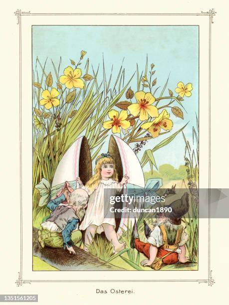 stockillustraties, clipart, cartoons en iconen met cute child emerging from an easter egg, gnomes, german, victorian 19th century - easter fantasy