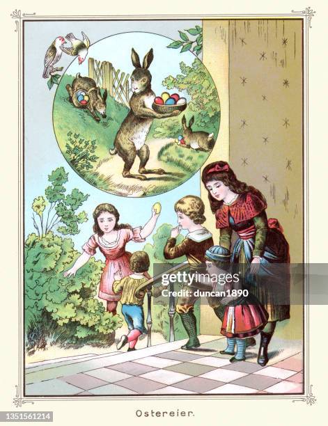 stockillustraties, clipart, cartoons en iconen met children searching for easter eggs, easter bunny, german, victorian 19th century - century of style red carpet