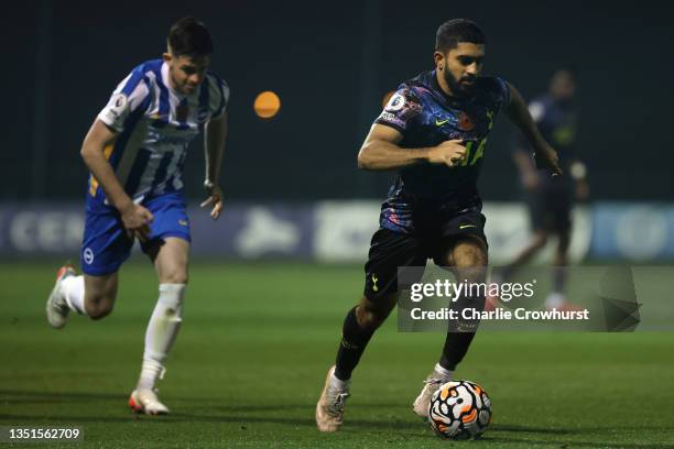 Dilan Markanday of Tottenham attacks during the Premier League 2 match between Brighton & Hove Albion U23 and Tottenham Hotspur U23 at AMEX Elite...