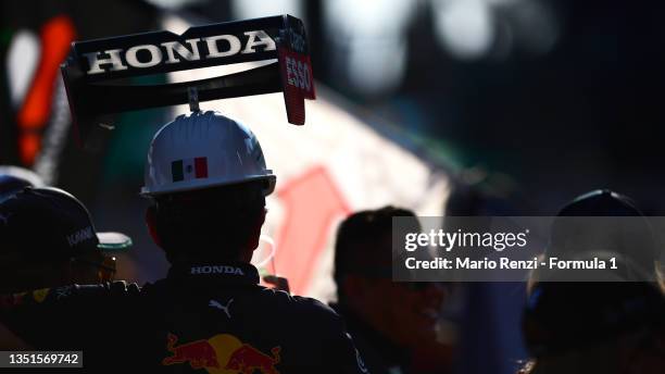 Red Bull Racing fan shows their support during practice ahead of the F1 Grand Prix of Mexico at Autodromo Hermanos Rodriguez on November 05, 2021 in...