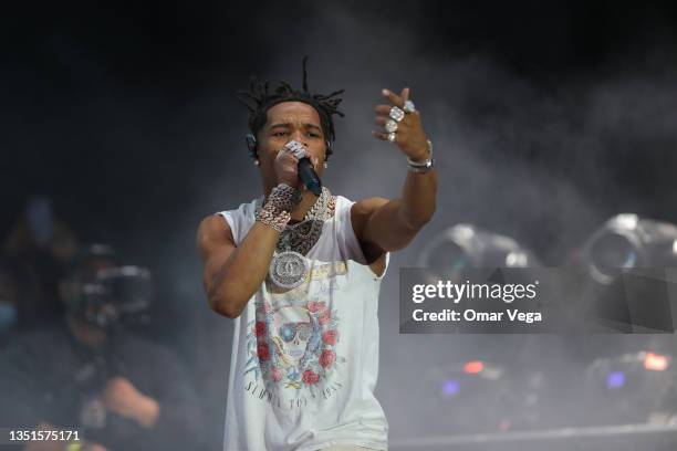 American rapper Lil Baby perform on stage during the Astroworld Fest 2021 at NRG Park on November 5, 2021 in Houston, Texas.