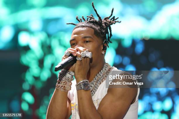 American rapper Lil Baby perform on stage during the Astroworld Fest 2021 at NRG Park on November 5, 2021 in Houston, Texas.