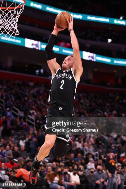 Blake Griffin of the Brooklyn Nets gets in for a second half dunk against the Detroit Pistons at Little Caesars Arena on November 05, 2021 in...