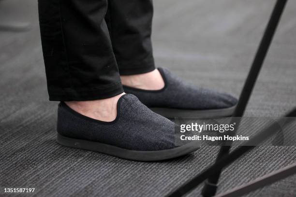 Prime Minister Jacinda Ardern wears a pair of Allbirds shoes after addressing the Labour Party Annual Conference at Labour Party Head Office on...