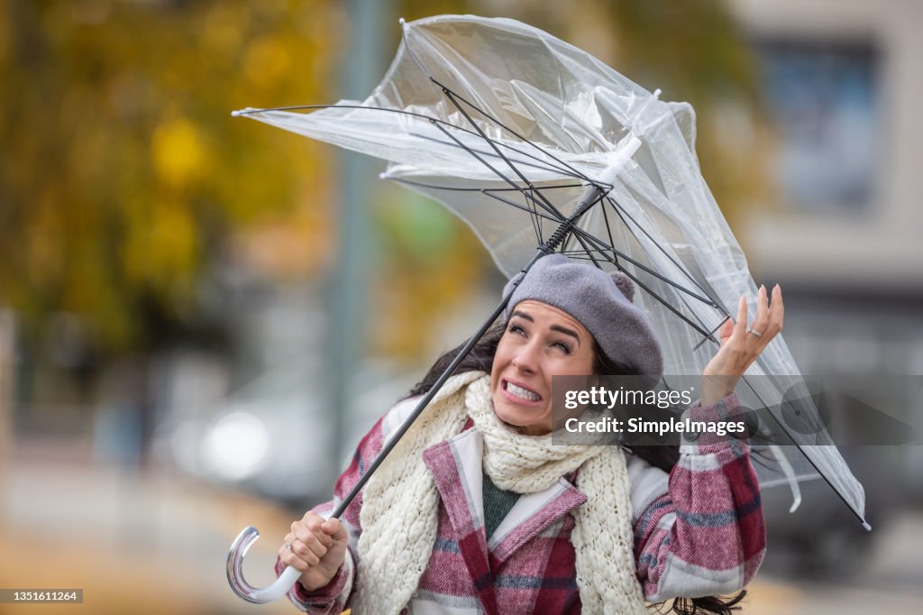 Woman looks terrified up at her umbrella being torn by a strong autumn wind in bad weather.
