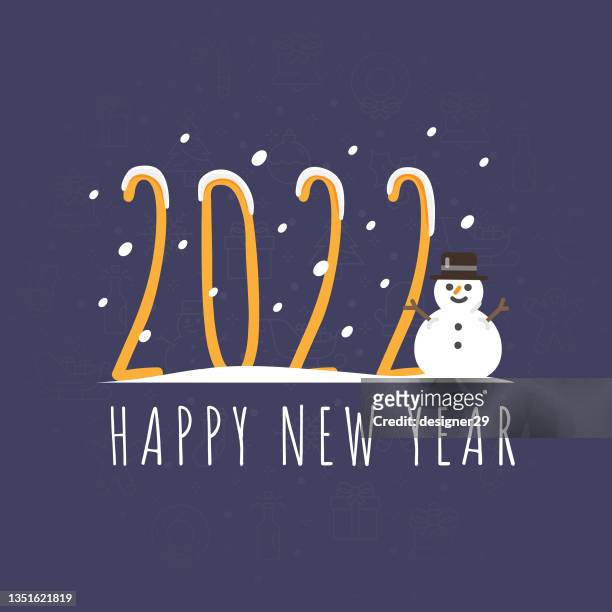 happy new year 2022 and snowman flat design on color background. - 2022 a funny thing stock illustrations