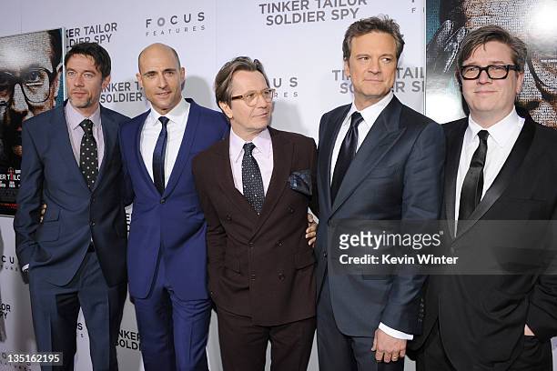 Co-screenwriter Peter Straughan, actors Mark Strong, Gary Oldman, Colin Firth and Director Tomas Alfredson arrive at the premiere of Focus Features'...