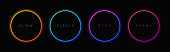 Blue, red-purple, green illuminate frame collection design. Abstract cosmic vibrant color circle backdrop. Top view futuristic style. Set of glowing neon lighting on dark background with copy space.