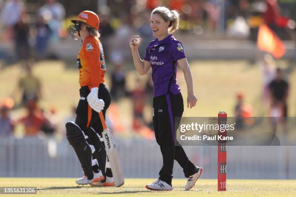 Nicola Carey of the Hurricanes celebrates winning the Women's Big Bash League match between the Perth Scorchers and the Hobart Hurricanes at the...