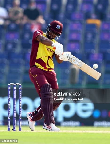 Evin Lewis of West Indies plays a shot during the ICC Men's T20 World Cup match between Australia and Windies at Sheikh Zayed stadium on November 06,...