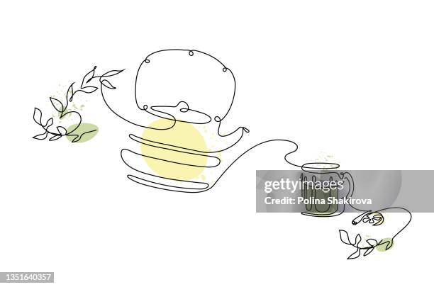 stockillustraties, clipart, cartoons en iconen met continuous line drawing of a teapot, tea cup and lemon with pastel colored spots. - theeblaadjes