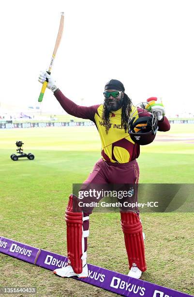 Chris Gayle of West Indies interacts with the crowd as they make their way off after being dismissed during the ICC Men's T20 World Cup match between...