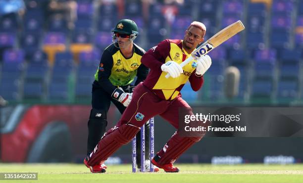 Shimron Hetmyer of West Indies plays a shot as Matthew Wade of Australia keeps during the ICC Men's T20 World Cup match between Australia and Windies...
