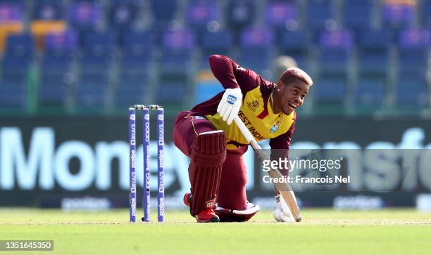Shimron Hetmyer of West Indies plays a shot during the ICC Men's T20 World Cup match between Australia and Windies at Sheikh Zayed stadium on...