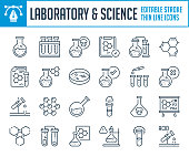 Laboratory and Science thin line icons. Chemistry and Lab equipment outline icon set. Editable stroke icons.