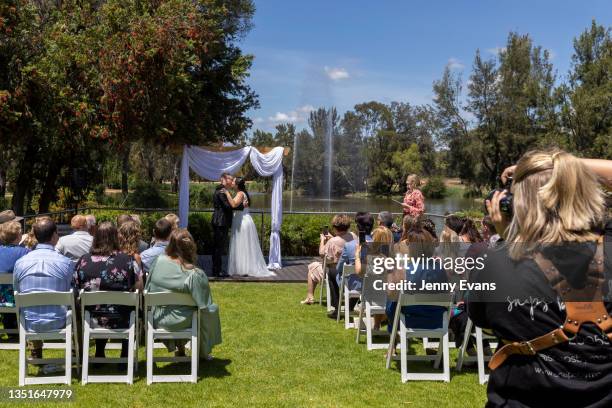 Wedding party is seen at Taronga Western Plains Zoo on November 06, 2021 in Dubbo, Australia. Taronga Western Plains Zoos' Zoofari Lodge has been...