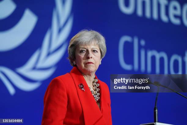 Theresa May speaks as ministers, businesses and activists discuss rainforests on day seven of COP26 at SECC on November 06, 2021 in Glasgow,...