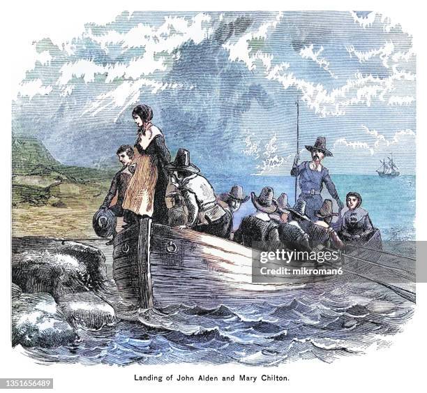 old engraved illustration of the landing of john alden, mary chilton and other pilgrims at plymouth rock in 1620 - plymouth massachusetts stockfoto's en -beelden