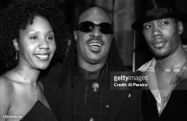 Musician Stevie Wonder with his daughter Aisha Morris and son Keita Morris at a Grammy Party on February 26,1997 in New York. (Photo by Al...