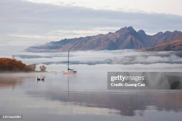 a peaceful morning at lake wakatipu,  south island,  new zealand - lake wakatipu stock pictures, royalty-free photos & images