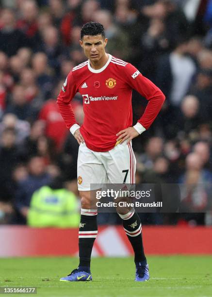 Cristiano Ronaldo of Manchester United looks dejected following Manchester City's second goal during the Premier League match between Manchester...
