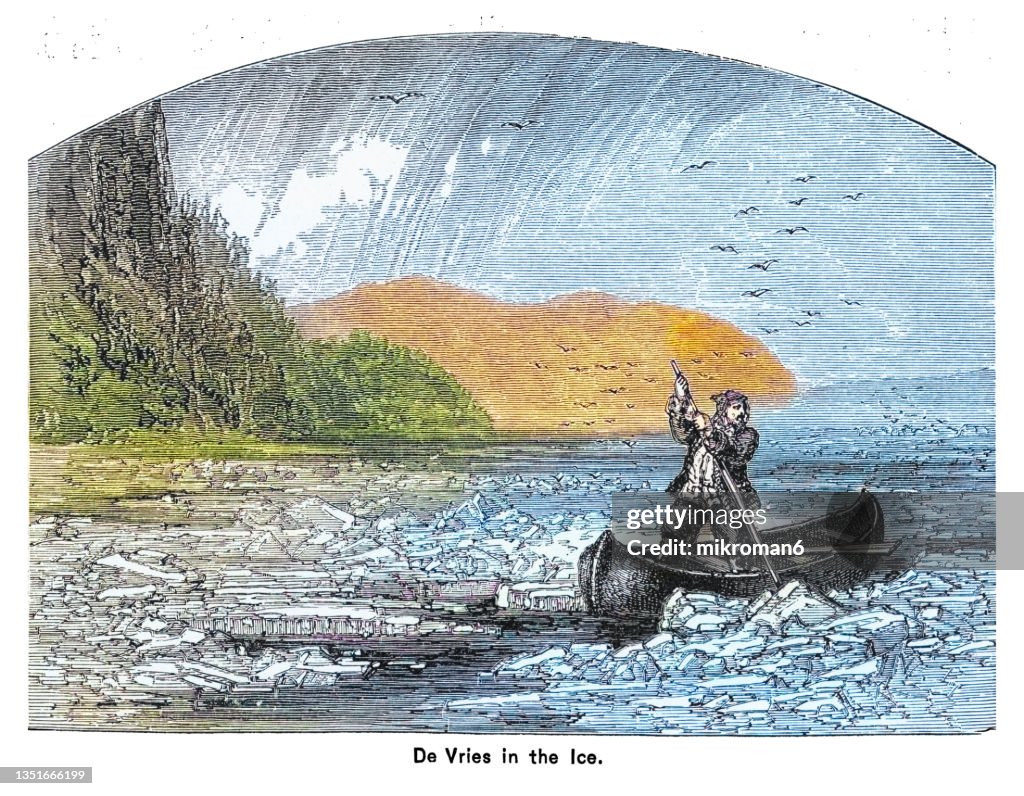 Old engraved illustration of Hugo Marie de Vries (Dutch botanist and one of the first geneticists) in the ice