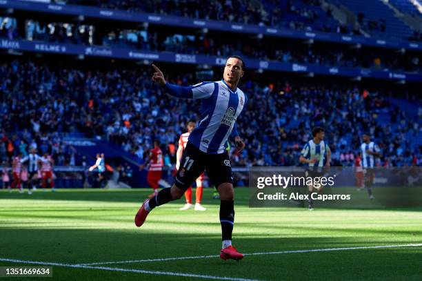 Raul De Tomas of RCD Espanyol celebrates after scoring his team's second goal during the La Liga Santander match between RCD Espanyol and Granada CF...