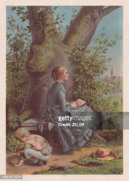 mother and son in the garden, chromolithograph, published in 1878 - mom blessing son stock illustrations