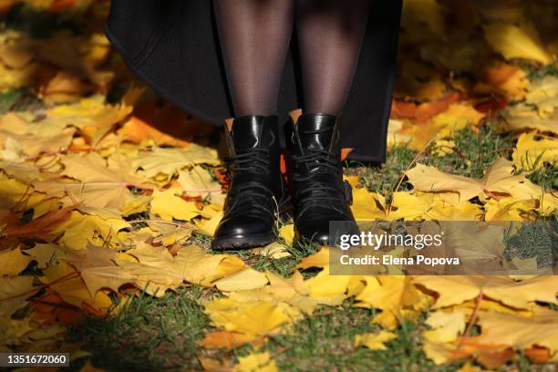 low section woman's black boots at the autumn leaves - nylon feet stock pictures, royalty-free photos & images