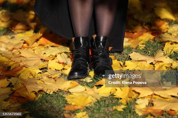 low section woman's black boots at the autumn leaves - nylon feet 個照片及圖片檔