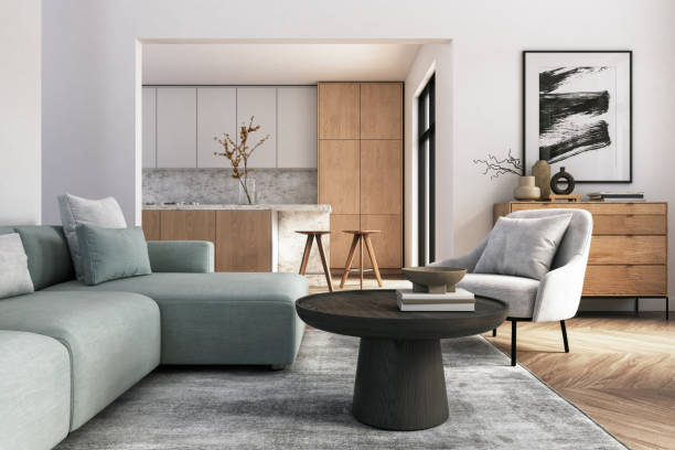modern living room interior - 3d render - modern stock pictures, royalty-free photos & images