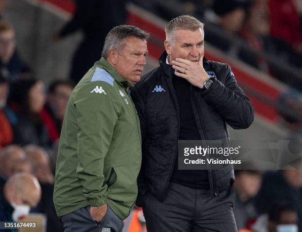 Aston Villa Manager Dean Smith and Assistant Head Coach Craig Shakespeare during the Premier League match between Southampton and Aston Villa at St...
