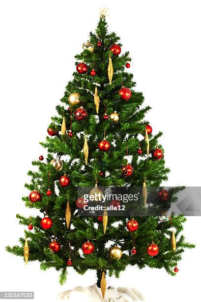 christmas tree with red and yellow ornaments on white - christmas tree stock pictures, royalty-free photos & images