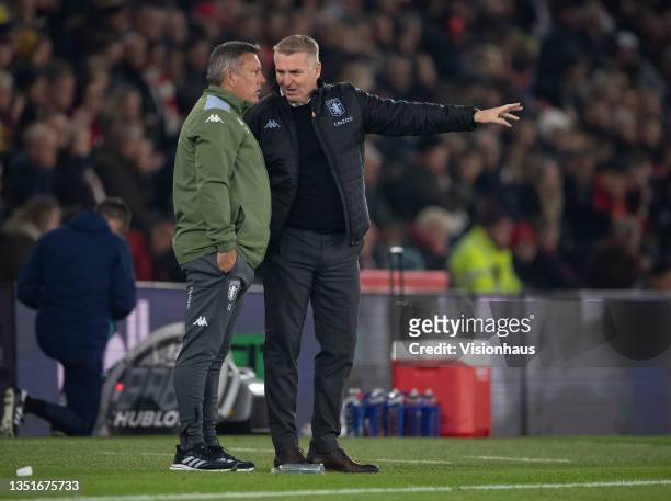 Aston Villa Manager Dean Smith and Assistant Head Coach Craig Shakespeare during the Premier League match between Southampton and Aston Villa at St...