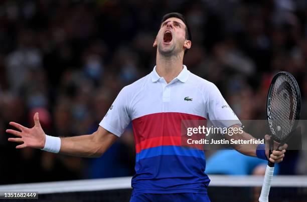 Novak Djokovic of Serbia celebrates after winning his singles semi final match against Hubert Hurkacz of Poland during Day Six of the Rolex Paris...